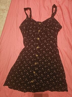 American Eagle Black Floral Button-Front Mini Dress with Adjustable Straps